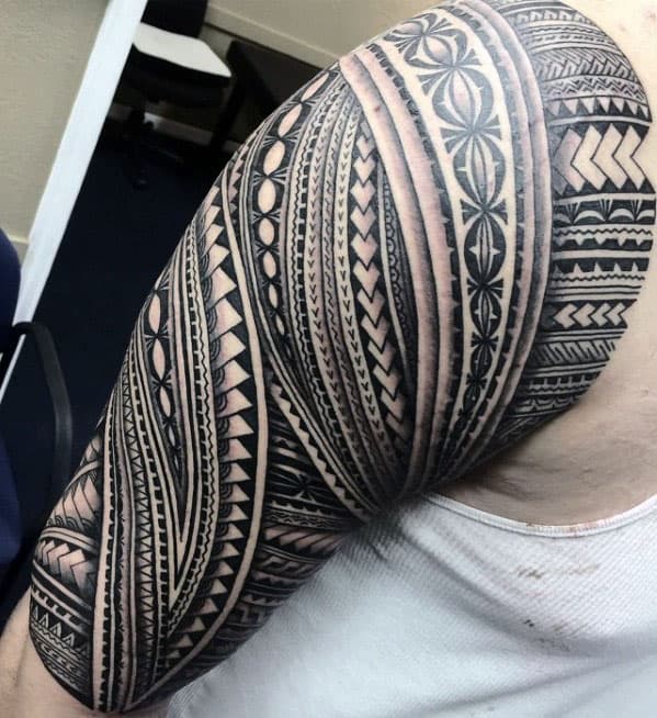 Gentleman With Cool Polynesian Tribal Half Sleeve Tattoo