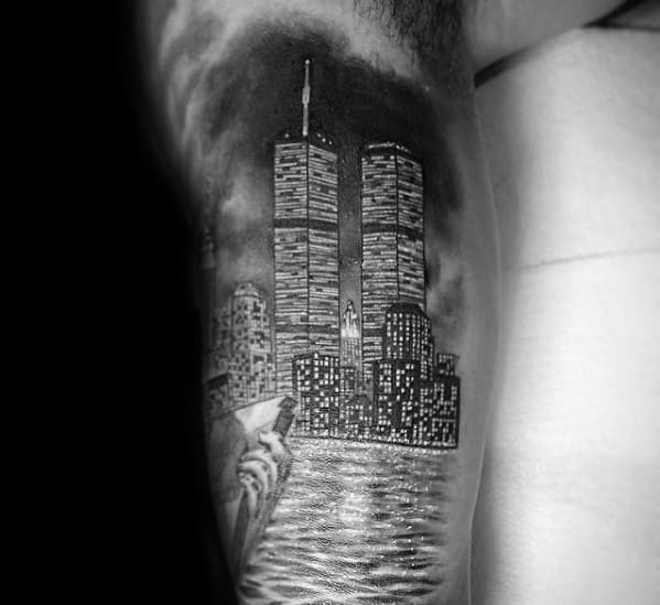 Gentleman With Cool Skyline New York Arm Tattoo