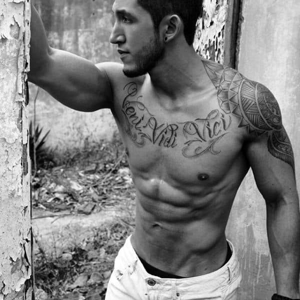 Gentleman With Cool Veni Vidi Vici Chest Tattoo