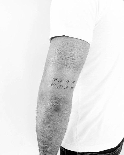 Minimalist coordinate tattoo on the back of the arm with fine black lettering, marking a meaningful location with a subtle and elegant design.