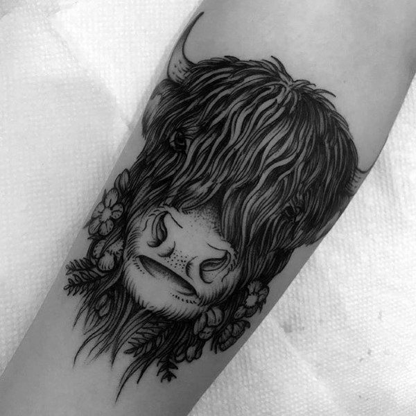Detailed Highland cow tattoo with flowing hair and floral elements, done in fine black linework on the forearm.