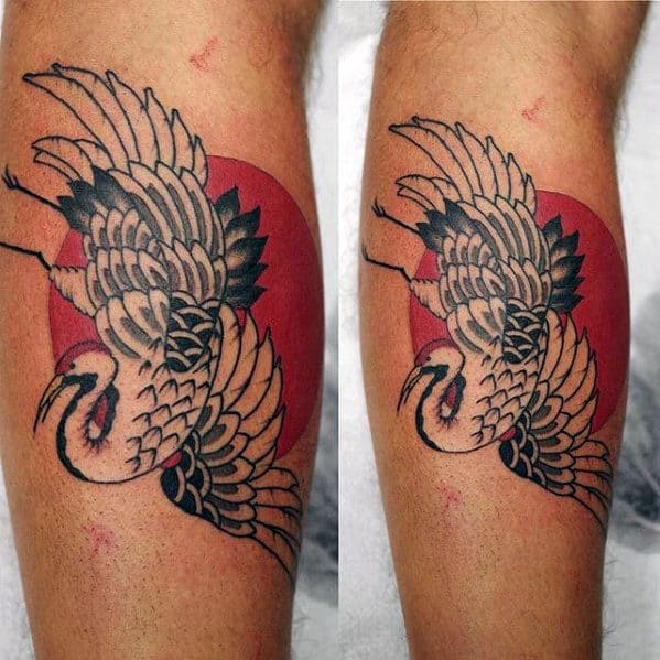 Gentleman With Crane And Red Sun Leg Calf Tattoo Design