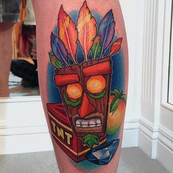 Gentleman With Crash Bandicoot Tattoo Aku Aku Mask Back Of Legs