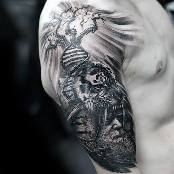 Gentleman With Creative Dna Tree Tiger Half Sleeve Tattoo