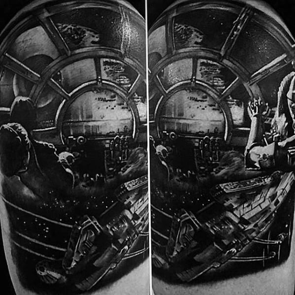 Black and white tattoo of a cockpit facing the starry scene with a hint of Death Star