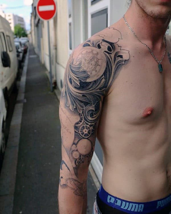 Gentleman With Decorative Ornate Artistic Sleeve Tattoo Design
