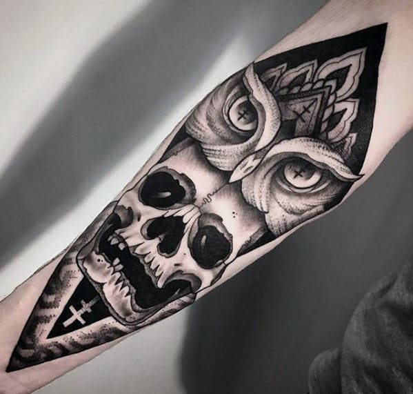 Gentleman With Different Owl Skull Inner Forearm Tattoo