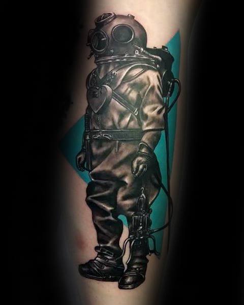 Gentleman With Diver And Teal Triangle Forearm Tattoo