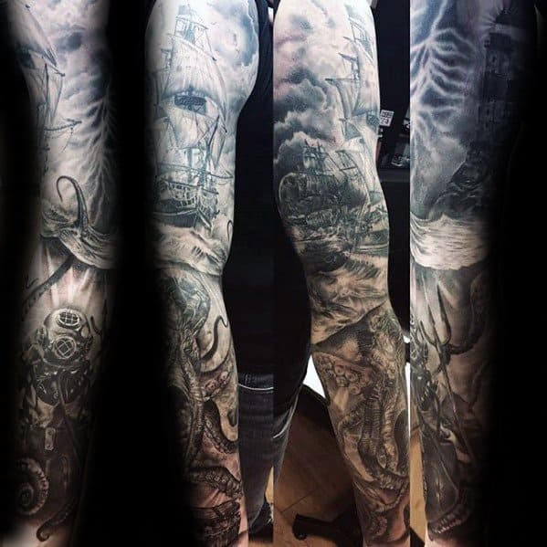 Gentleman With Diving Helmet Ocean Themed Full Arm Sleeve Tattoo