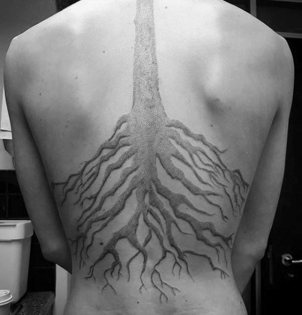 Gentleman With Dotwork Tree Roots Full Back Tattoo