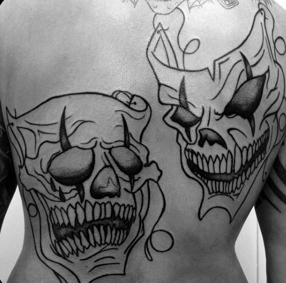 Gentleman With Drama Mask Tattoo Black Ink Outline On Back