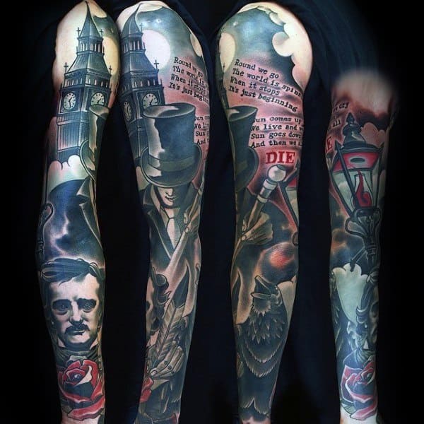 Full sleeve tattoo inspired by Edgar Allan Poe, featuring his portrait, ravens, roses, gothic lanterns, and ominous text in a dark color palette.