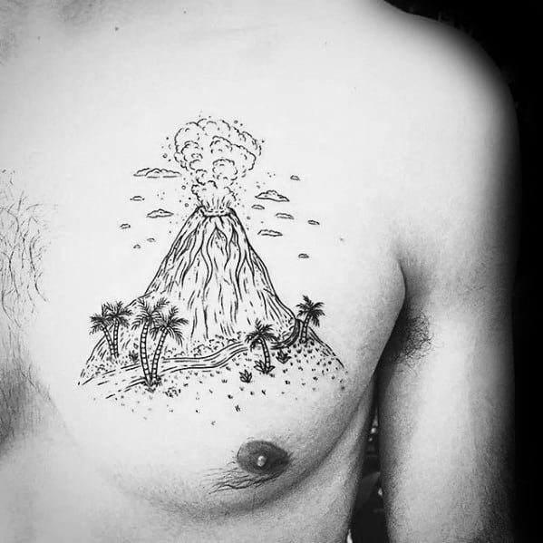 Gentleman With Erupting Volcano With Palm Trees Tattoo On Chest