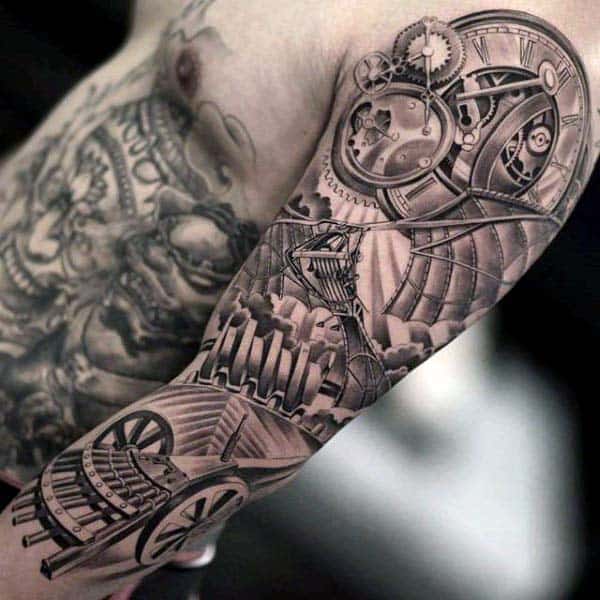 Gentleman With Extreme Mechanical Gears Clock Half Sleeve Tattoo