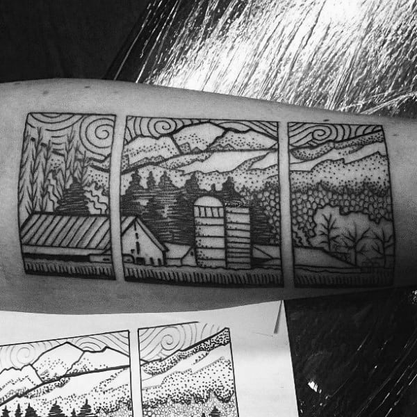 Minimalist linework farming tattoo split into three panels, showing barns, silos, trees, and mountains under a swirling sky.