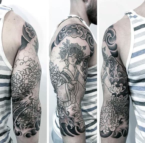 Gentleman With Female Portrait Half Sleeve Shaded Black And Grey Tattoo