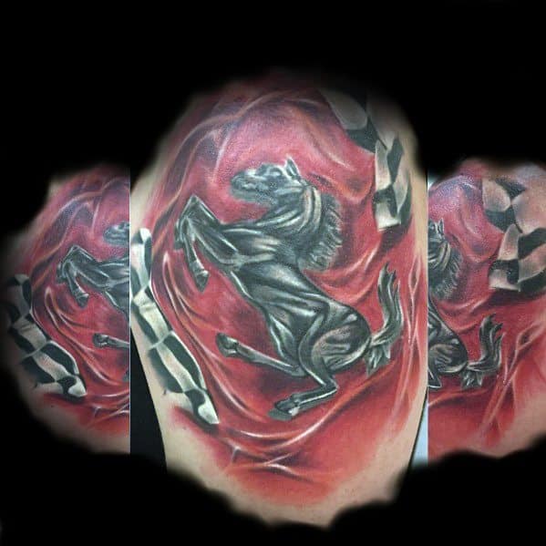 Dynamic Ferrari horse tattoo with racing flag and red backdrop on man's arm, symbolizing speed and victory.