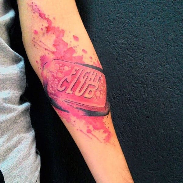 Gentleman With Fight Club Soap Bar Watercolor Forearm Tattoo