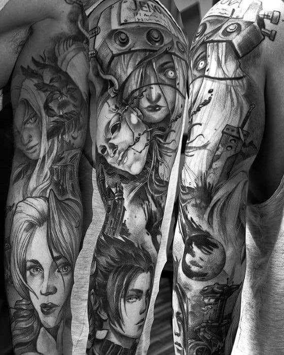 gentleman with final fantasy shaded black and grey sleeve tattoo