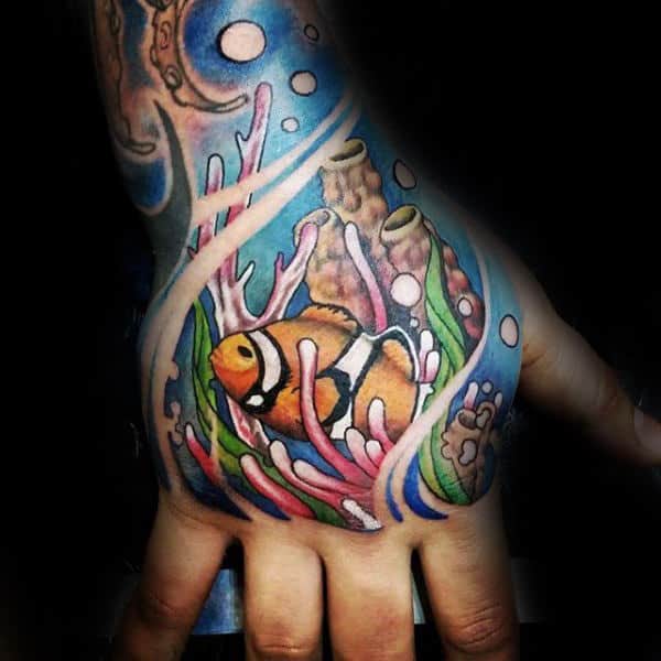 Gentleman With Fish Coral Reef Hand Tattoo