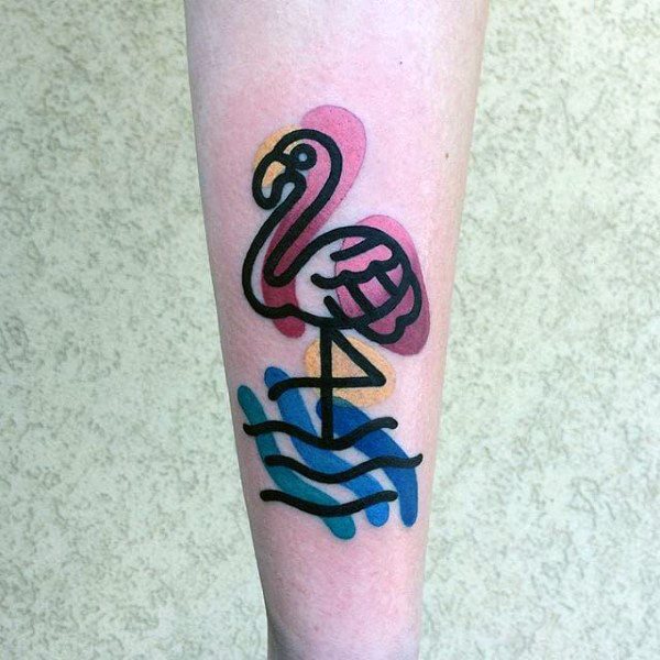 Playful flamingo tattoo with bold black outlines, colorful abstract shapes, and wavy water lines for a fun, modern cartoon-like design.