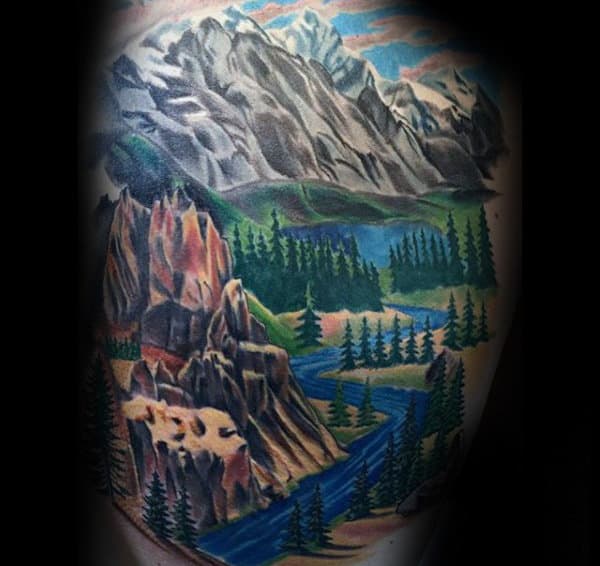 Gentleman With Flowing River Landscape Back Tattoo