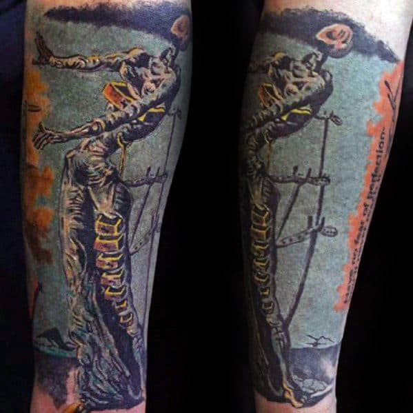 Colorful tattoo inspired by Salvador Dali’s “The Burning Giraffe,” featuring a surreal elongated figure supported by crutches and dramatic shadows.