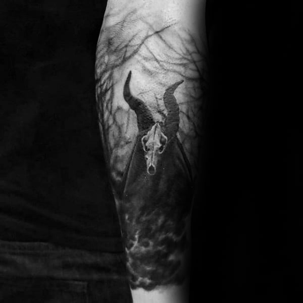 Gentleman With Forearm Sleeve Baphomet In Woods Tattoo