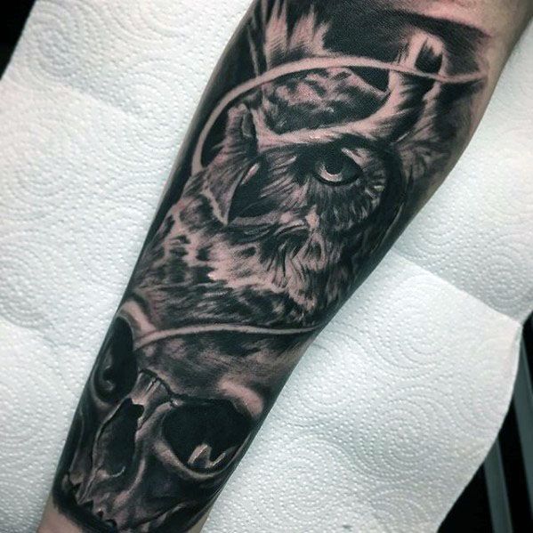 Gentleman With Forearm Sleeve Owl Skull Tattoo