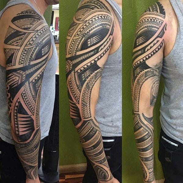 Gentleman With Full Arm Polynesian Tribal Sleeve Tattoo