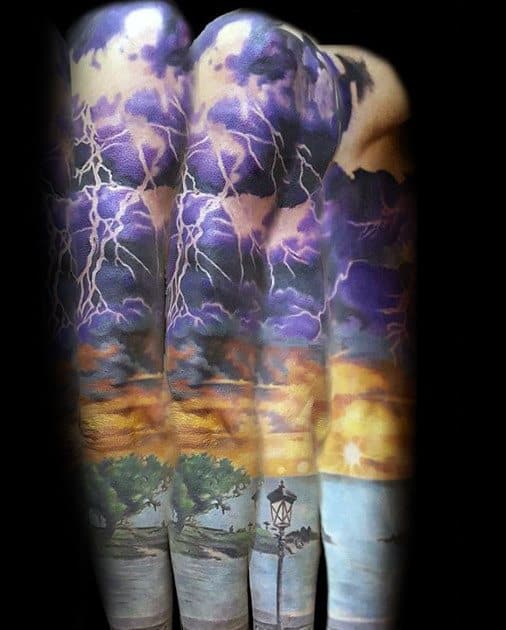 Gentleman With Full Arm Sleeve Sky Thunderstorm Tattoo