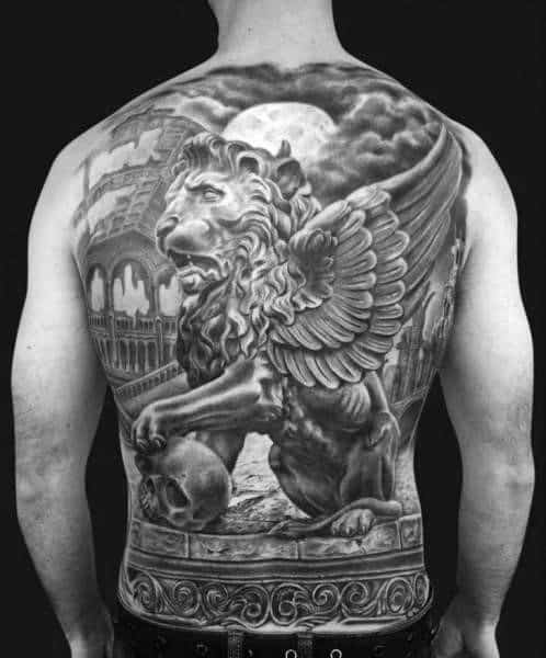 Gentleman With Full Back 3d Lion Statue Tattoo