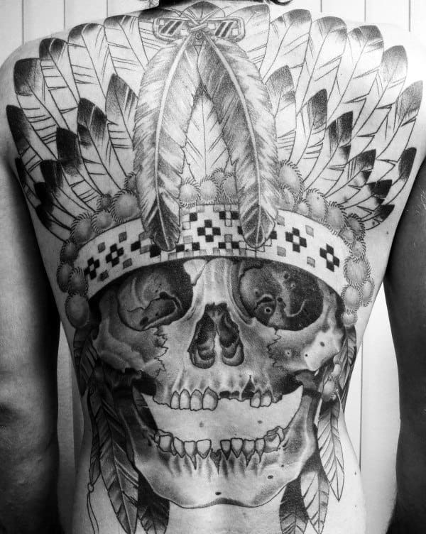 Gentleman With Full Back Tattoo Of Indian Skull