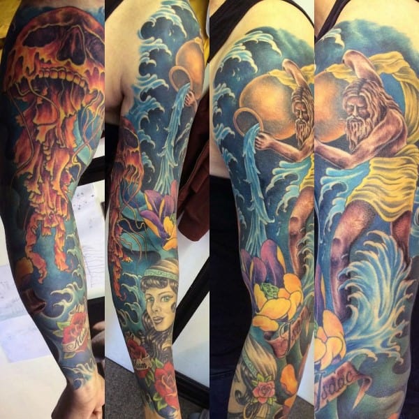 Gentleman With Full Sleeve Aquarius Tattoo