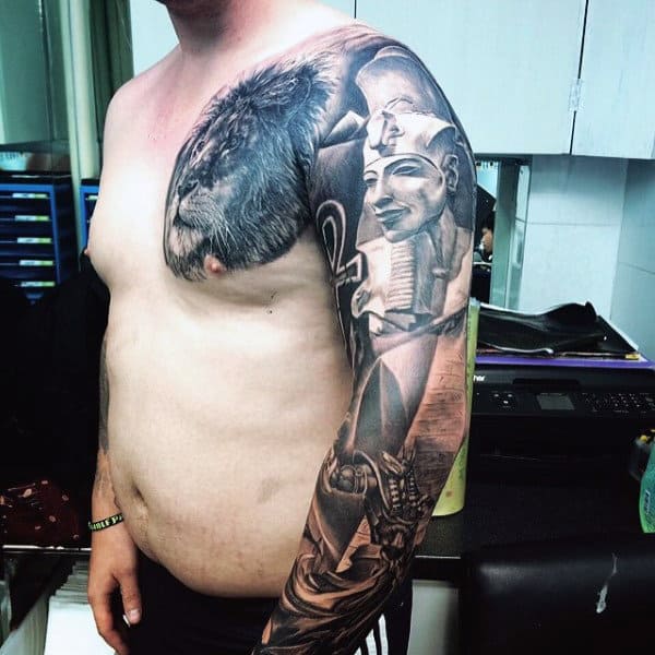 Gentleman With Full Sleeve Egyptian Pyramid Tattoo Design