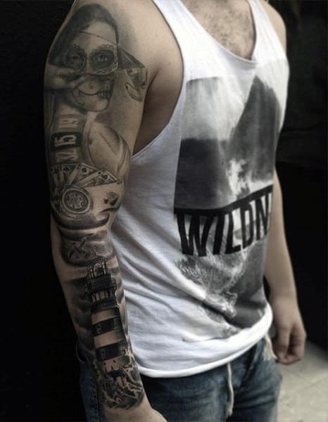Gentleman With Full Sleeve Lighthouse Tattoo Design