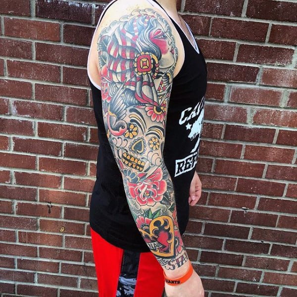 Gentleman With Full Sugar Skull Themed Day Of The Dead Tattoo