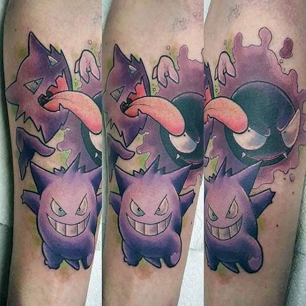 Colorful tattoo of Gengar, Haunter, and Gastly with playful expressions, extended tongue, and swirling purple-pink ghostly effects.