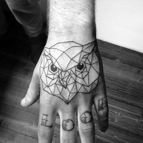 Gentleman With Geometric Owl Head Black Ink Outline Hand Tattoo