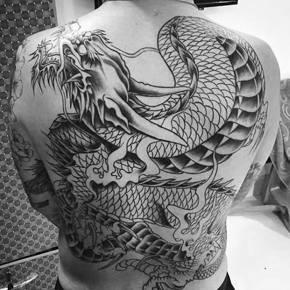 Gentleman With Giant Traditional Dragon Full Back Tattoo