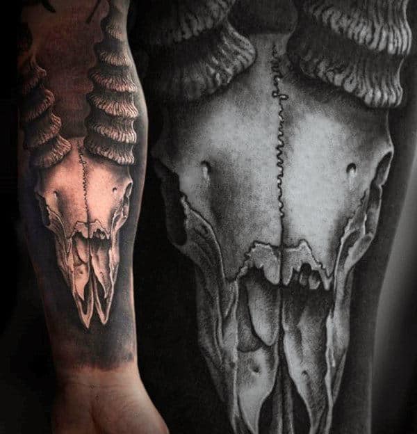 Gentleman With Goat Skull Capricorn Inner Forearm Sleeve Tattoo