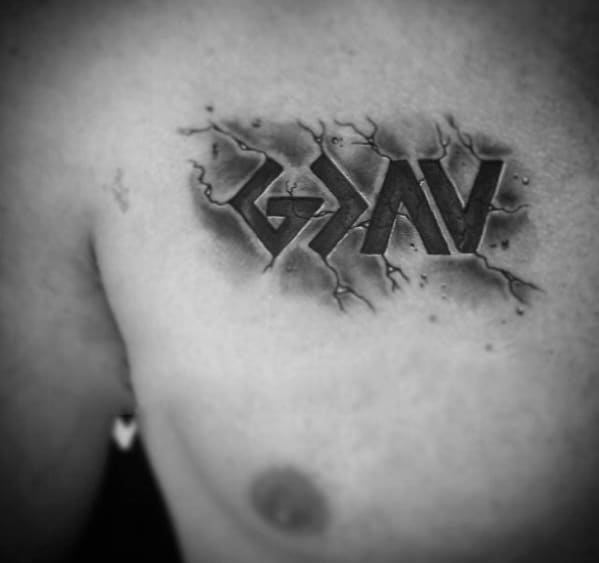Chest tattoo featuring "God is greater than the highs and lows" symbol with cracked skin and 3D effect design