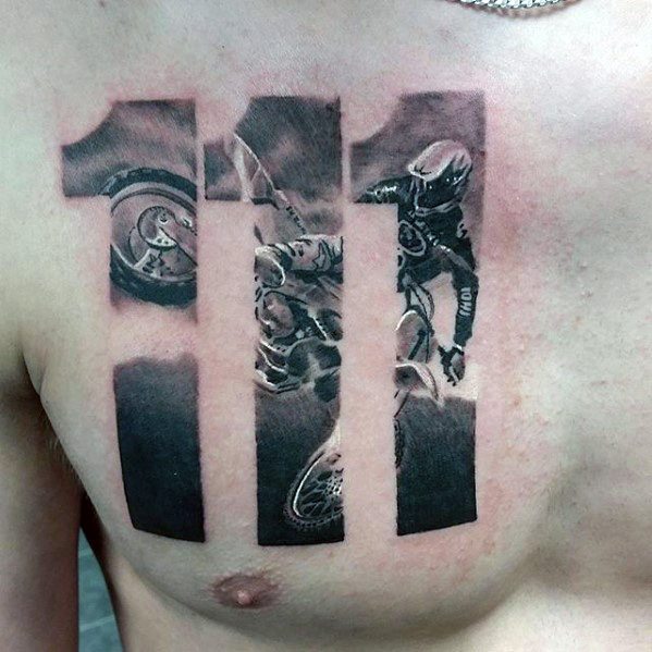 Gentleman With Great Motorcross Themed Numbers Chest Tattoo