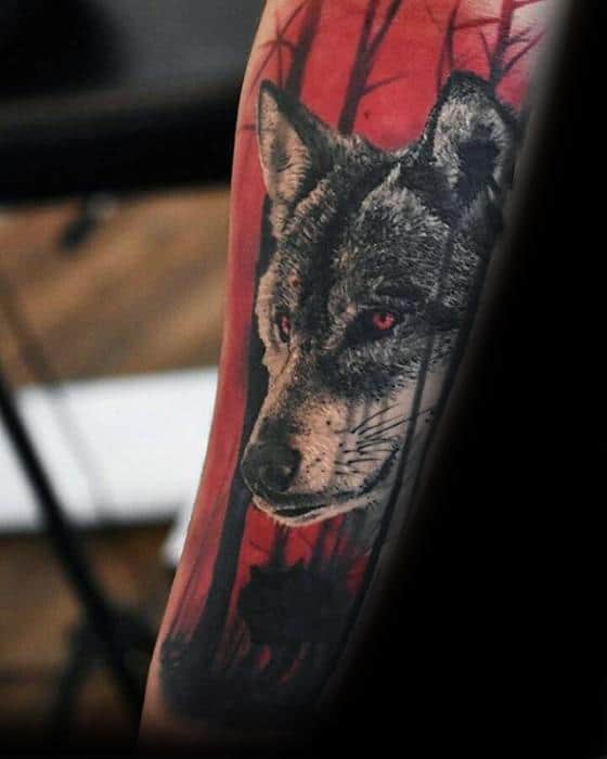 Gentleman With Greatest Wolf Forest Forearm Sleeve Tattoo