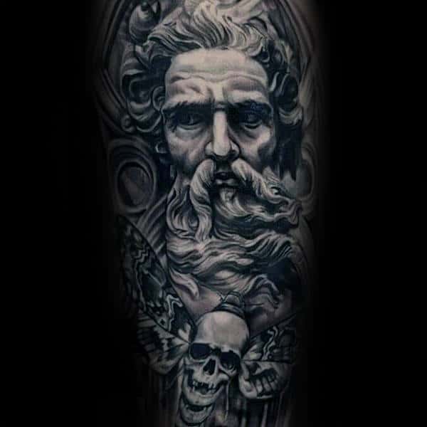 Gentleman With Greek God Moth Skull Sleeve Tattoo