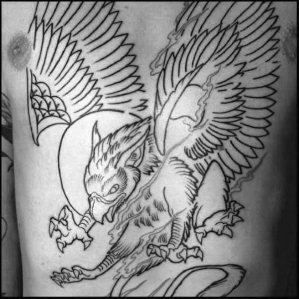 Gentleman With Griffin Black Ink Outline Chest Tattoo Design