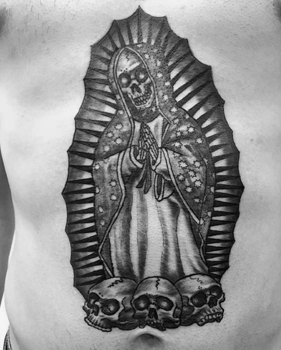 Gentleman With Guadalupe Tattoo Chest With Skull Design