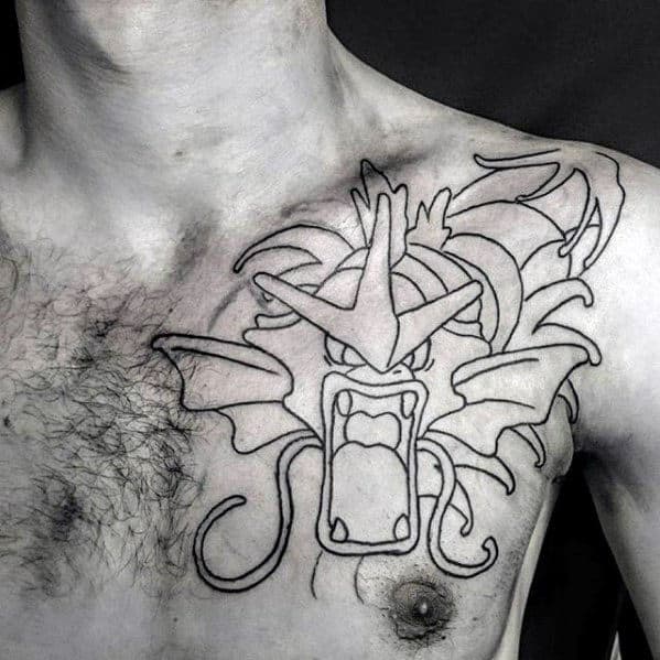 Gentleman With Gyarados Black Ink Outline Upper Chest Tattoo