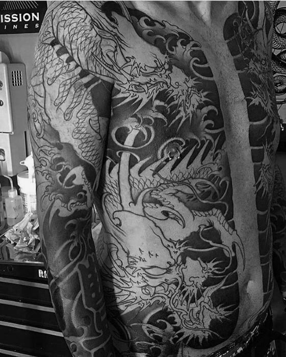 Gentleman With Half Chest Black Ink Japanese Dragon Tattoos