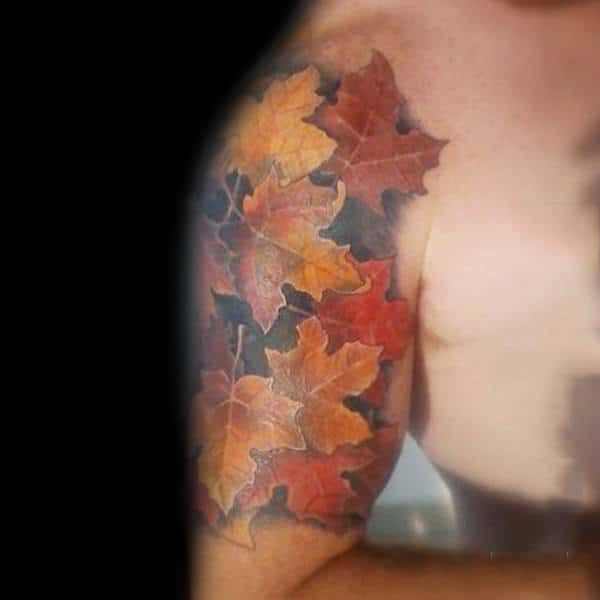 Gentleman With Half Sleeve Fall Leaves Tattoo Ideas